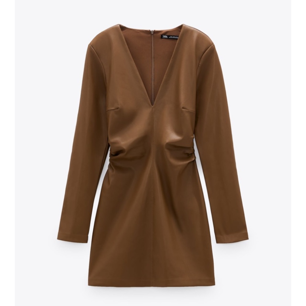 Zara Faux Leather Shoulder Pad Tan Dress
